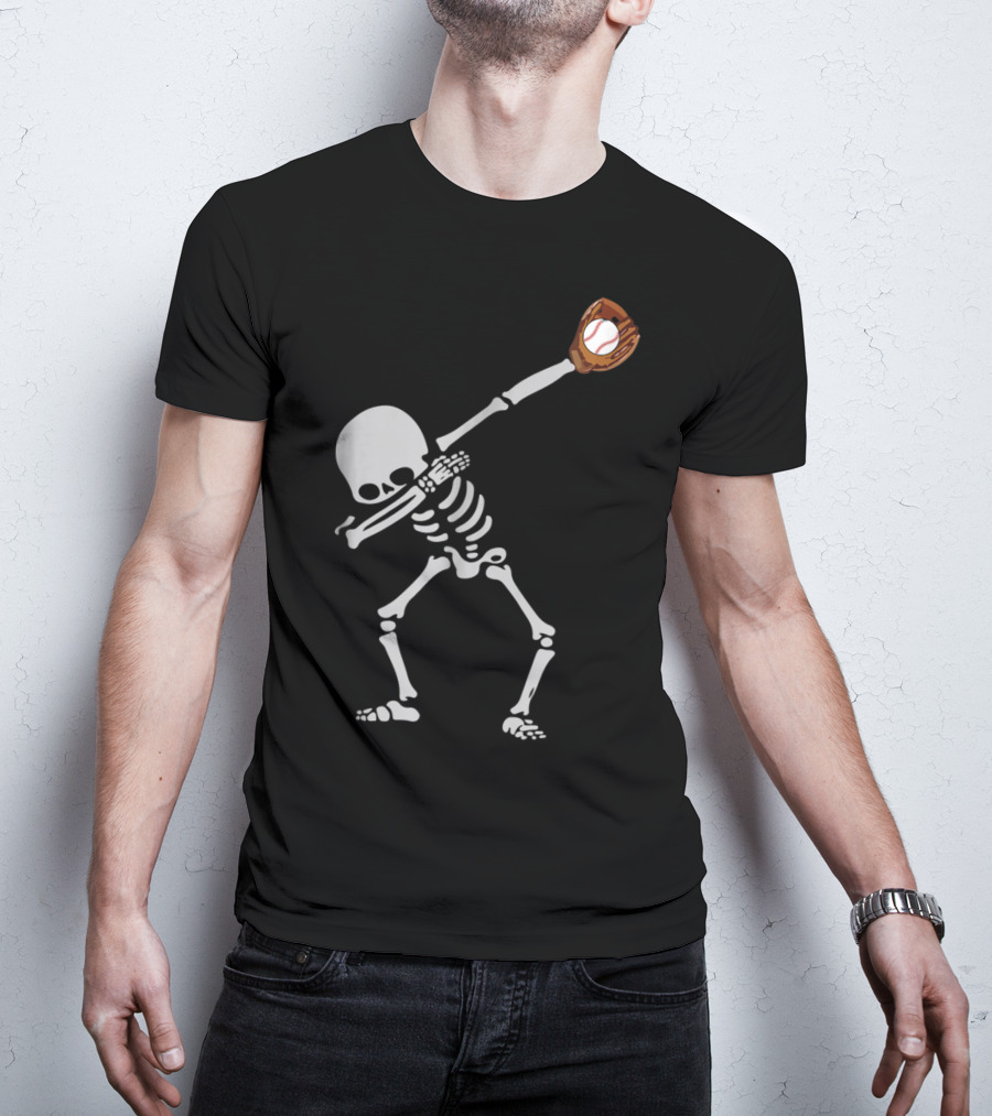 Dabbing Skeleton Catching Baseball Halloween T-Shirt