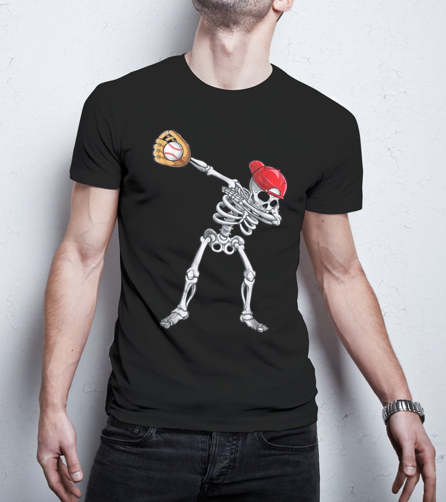 Dabbing Skeleton With Baseball Glove And Cap T-Shirt