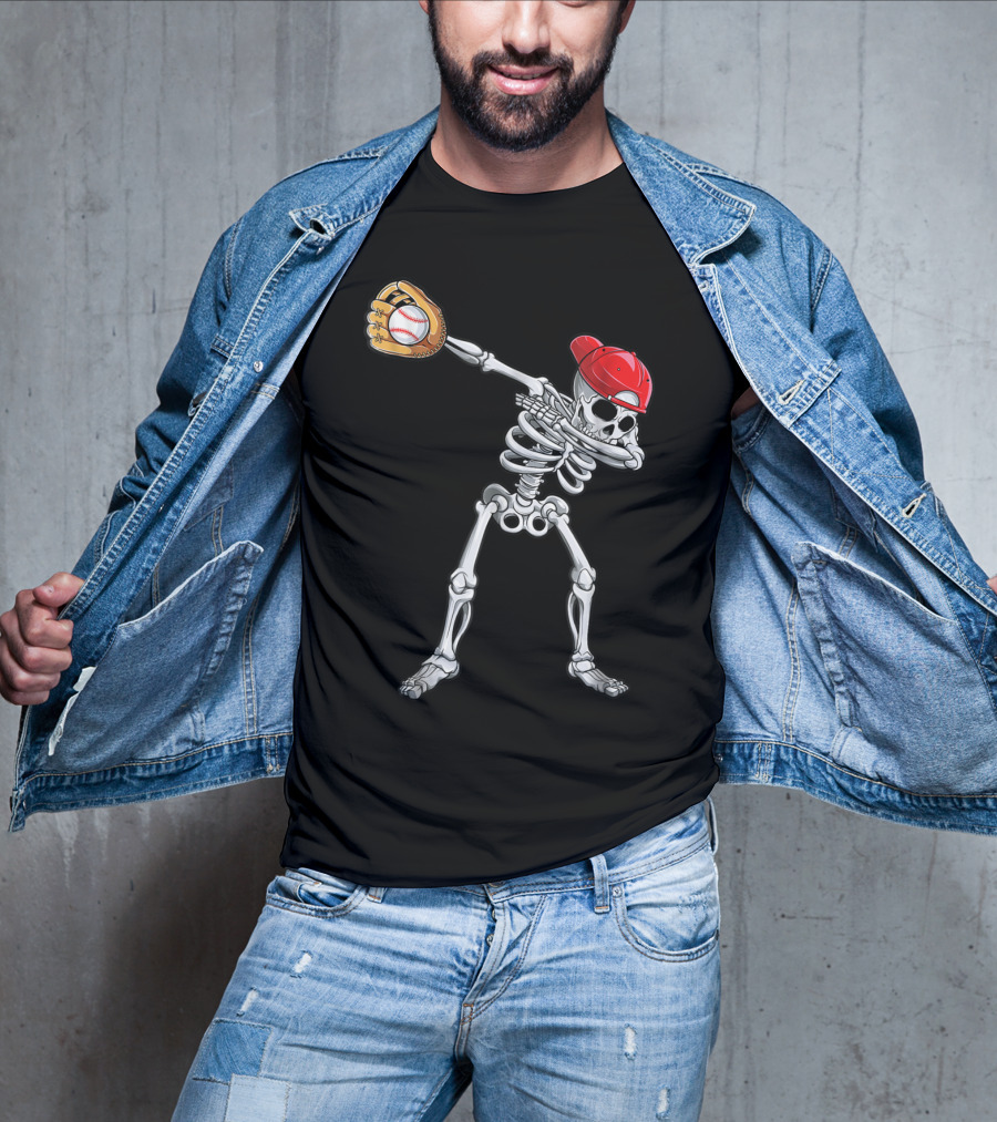 Dabbing Skeleton With Baseball Glove And Cap T-Shirt