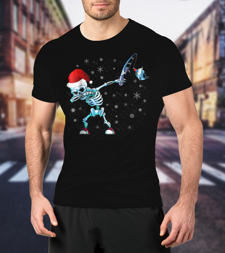 Santa Skeleton Dabbing With Fishing Rod And Shark T-Shirt