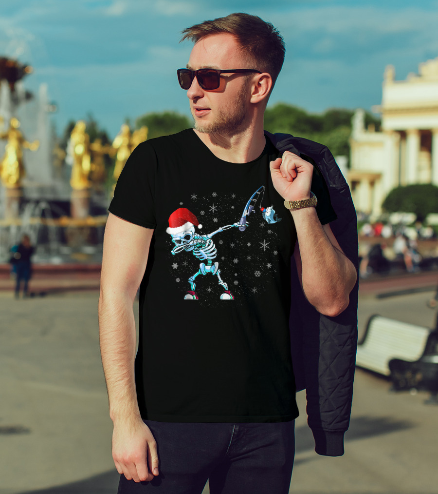 Santa Skeleton Dabbing With Fishing Rod And Shark T-Shirt