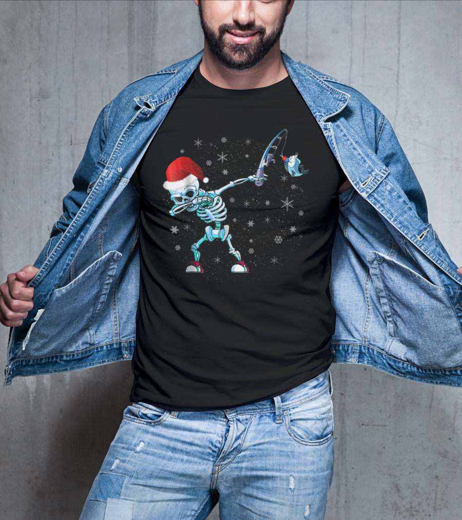 Santa Skeleton Dabbing With Fishing Rod And Shark T-Shirt