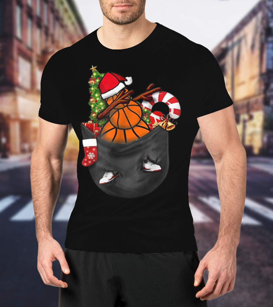 Christmas Dabbing Basketball Snowman In Pocket With Candy Cane And Santa Hat T-Shirt