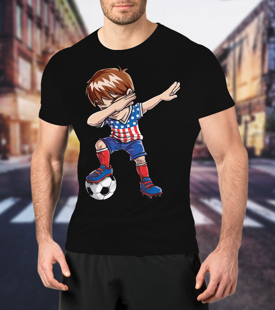 Dabbing Boy With Soccer Ball In American Flag Jersey T-Shirt