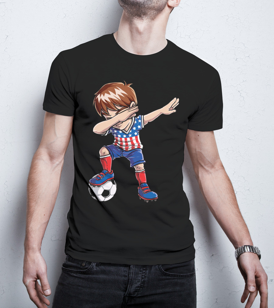 Dabbing Boy With Soccer Ball In American Flag Jersey T-Shirt