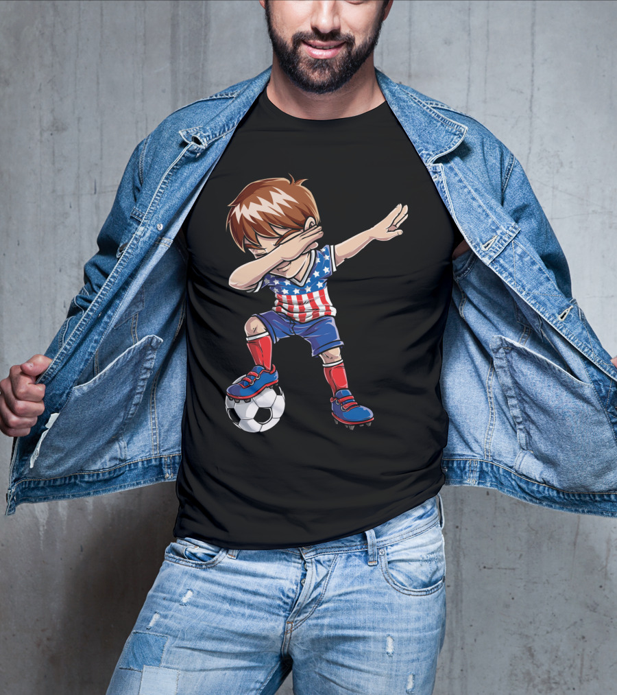 Dabbing Boy With Soccer Ball In American Flag Jersey T-Shirt