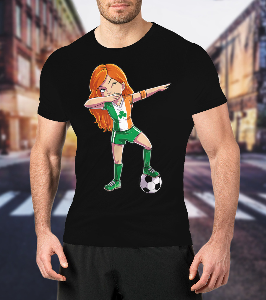 Dabbing Irish Soccer Girl With Shamrock Jersey And Football T-Shirt