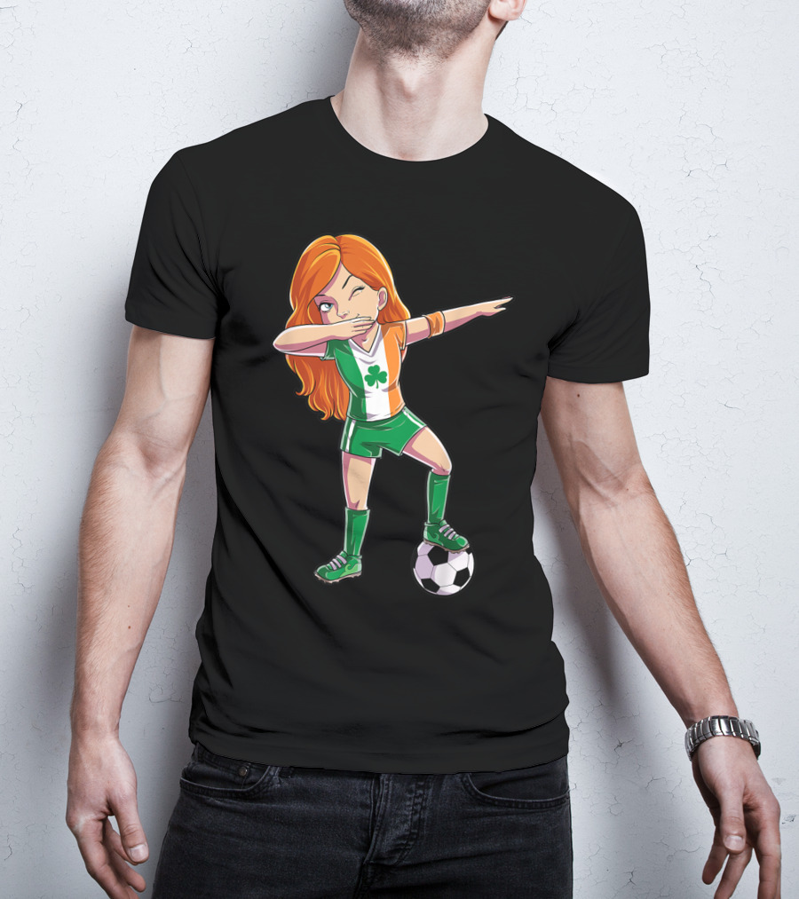 Dabbing Irish Soccer Girl With Shamrock Jersey And Football T-Shirt
