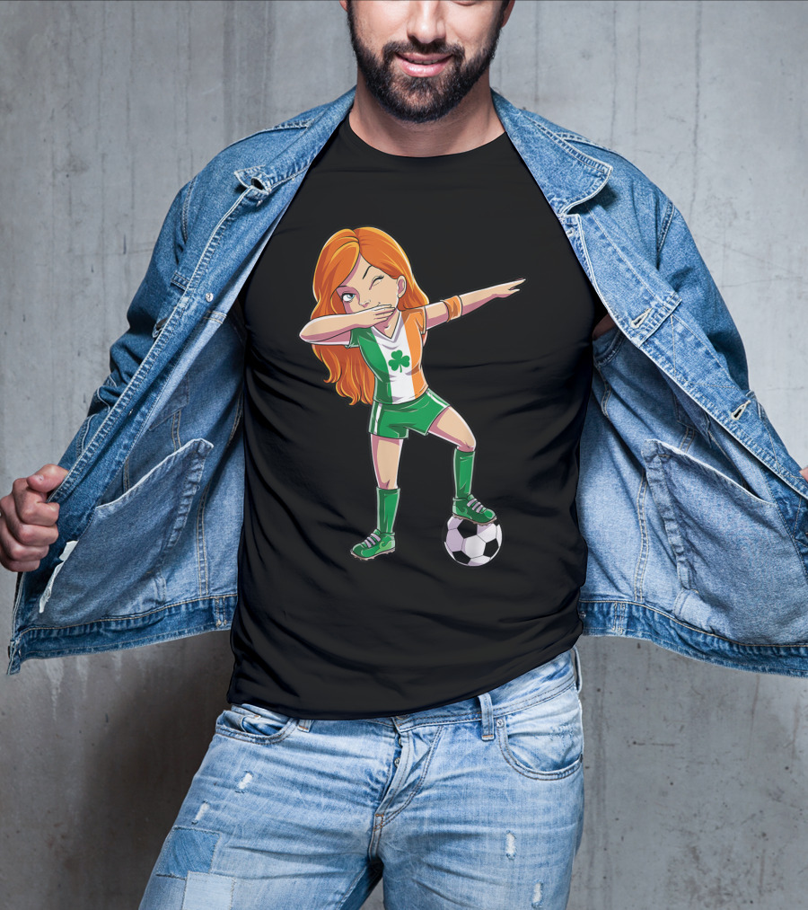 Dabbing Irish Soccer Girl With Shamrock Jersey And Football T-Shirt