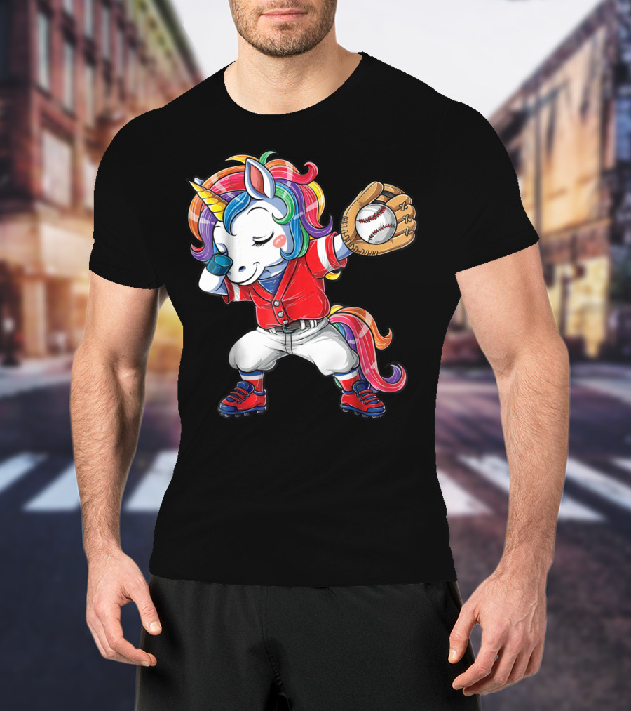 Dabbing Unicorn In Rainbow Baseball Outfit Holding Ball T-Shirt