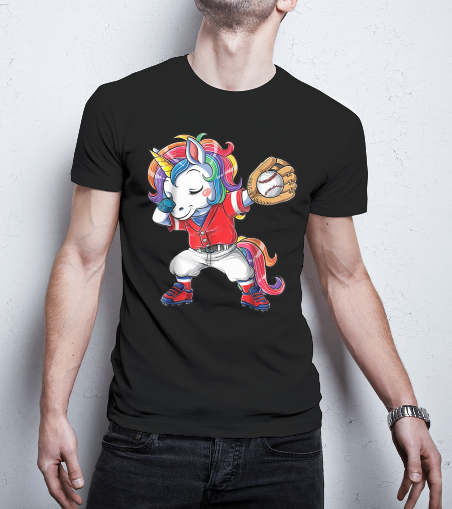 Dabbing Unicorn In Rainbow Baseball Outfit Holding Ball T-Shirt