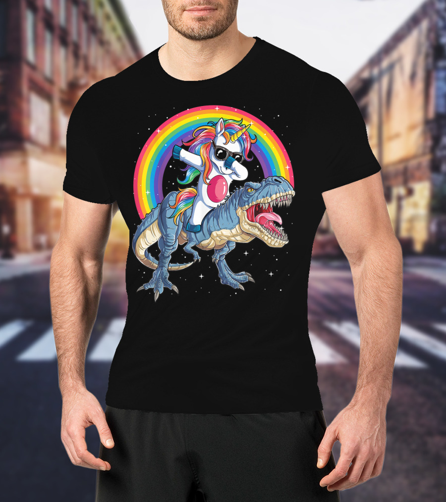 Dabbing Unicorn Riding T-Rex Under Rainbow In Space T-Shirt