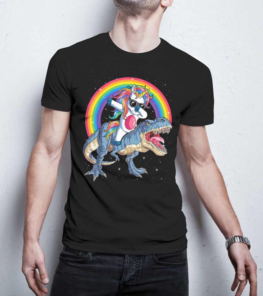 Dabbing Unicorn Riding T-Rex Under Rainbow In Space T-Shirt
