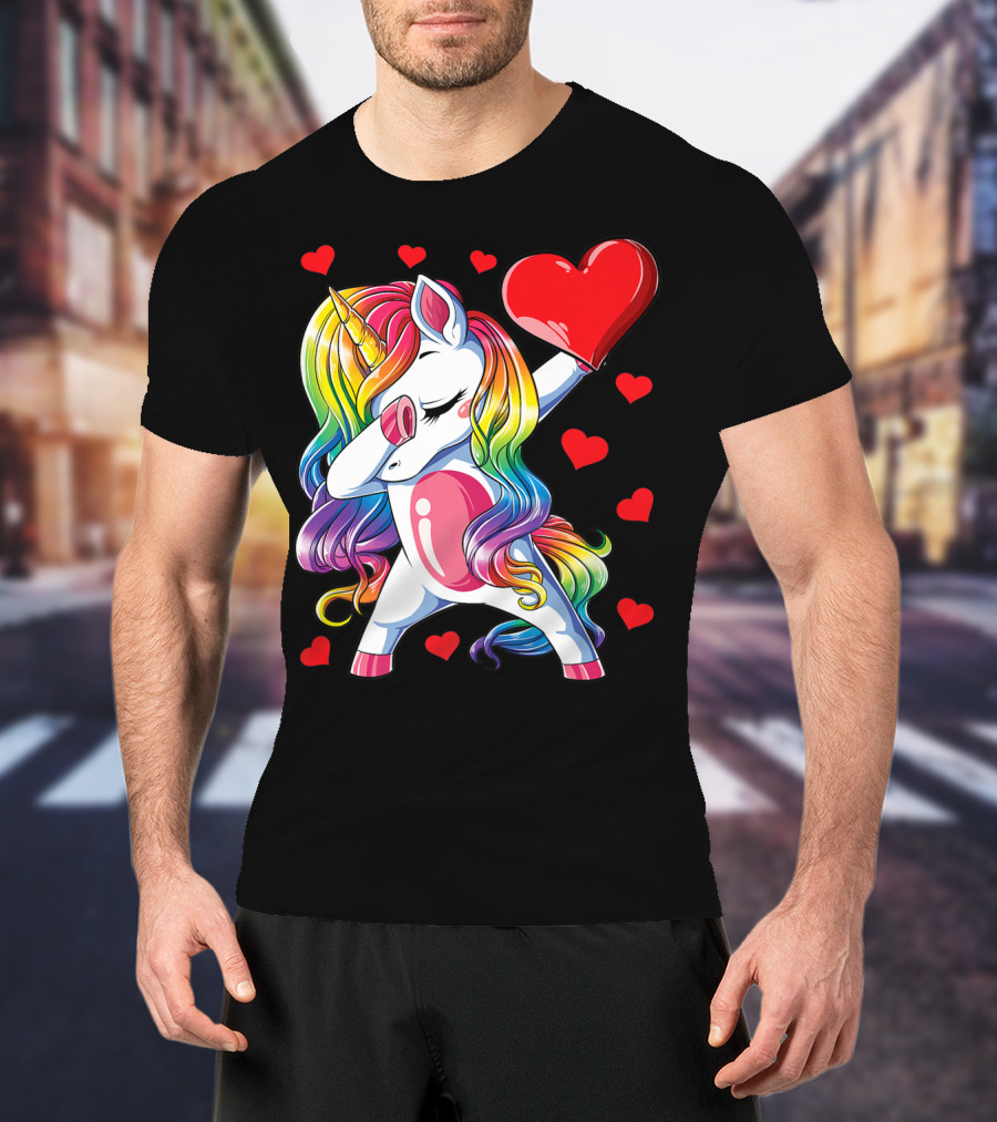 Valentine's Day Rainbow Dabbing Unicorn With Heart And Hearts T-Shirt