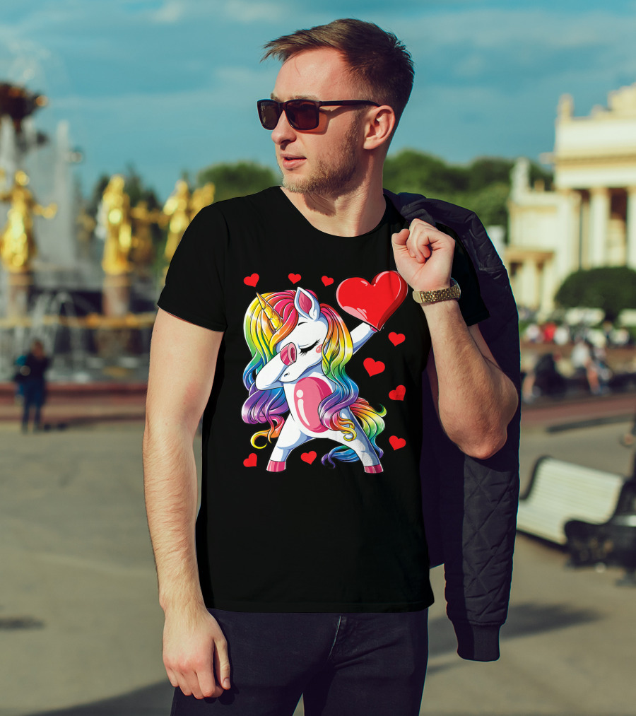 Valentine's Day Rainbow Dabbing Unicorn With Heart And Hearts T-Shirt