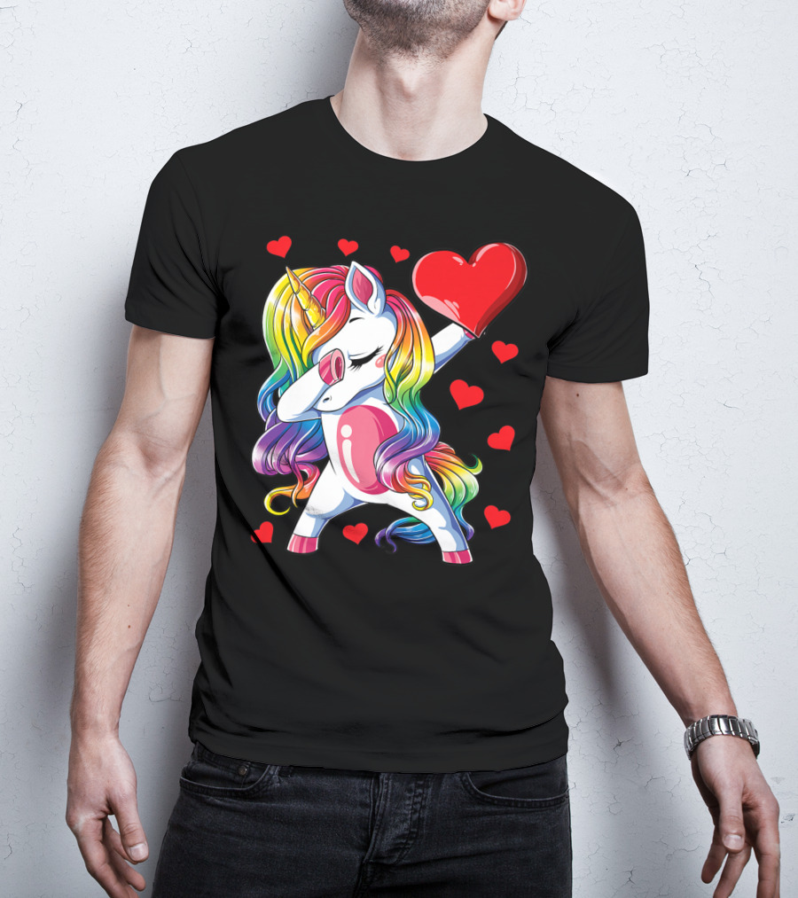 Valentine's Day Rainbow Dabbing Unicorn With Heart And Hearts T-Shirt