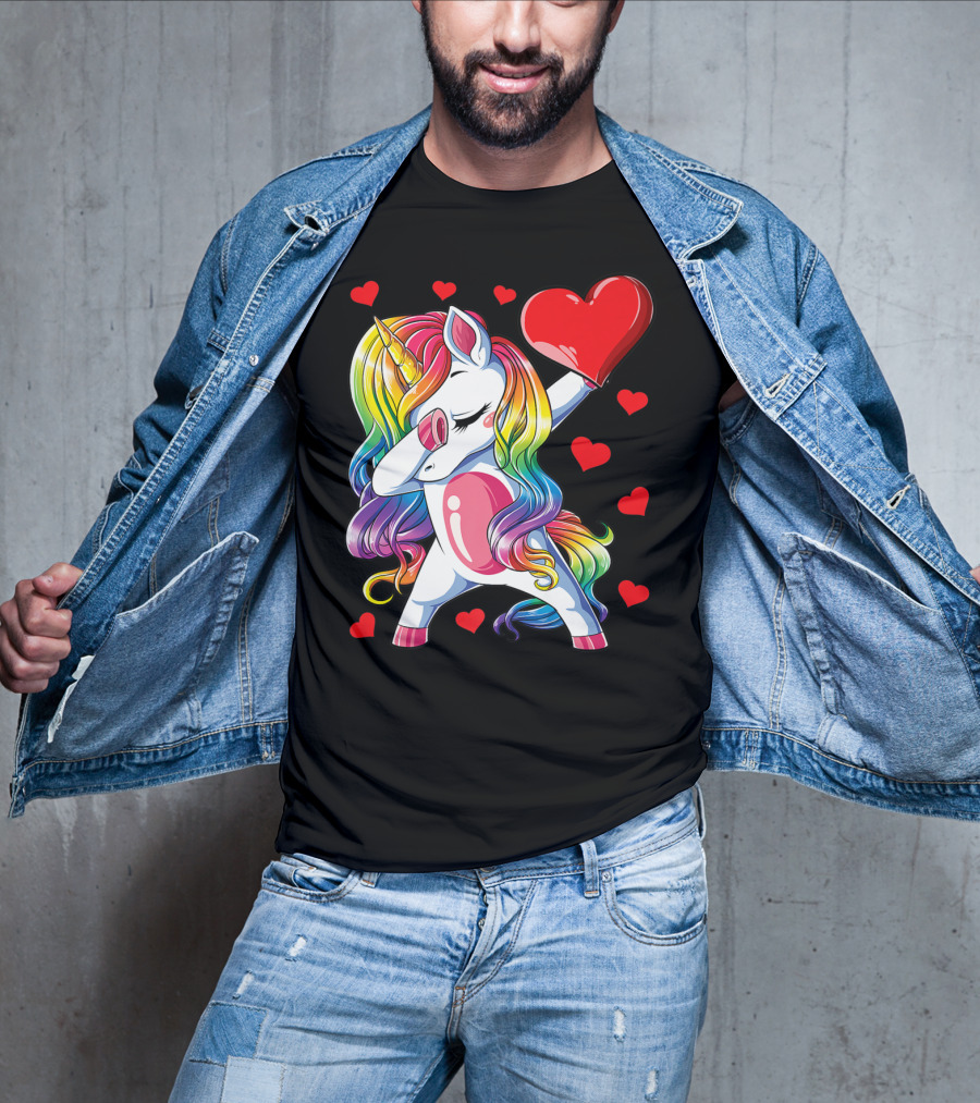 Valentine's Day Rainbow Dabbing Unicorn With Heart And Hearts T-Shirt