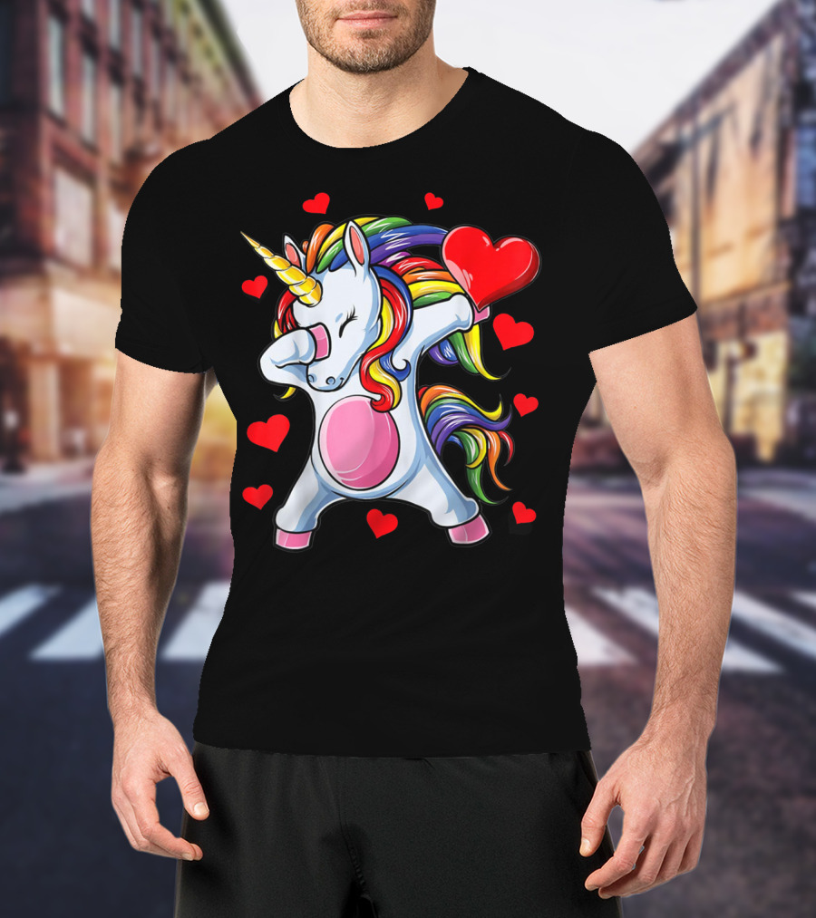 Valentines Day Dabbing Unicorn With Heart Girls T-Shirt