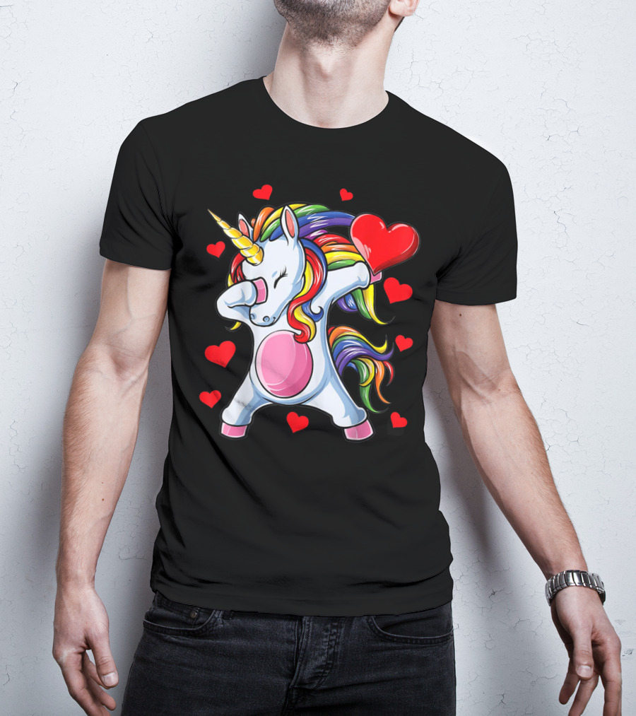 Valentines Day Dabbing Unicorn With Heart Girls T-Shirt