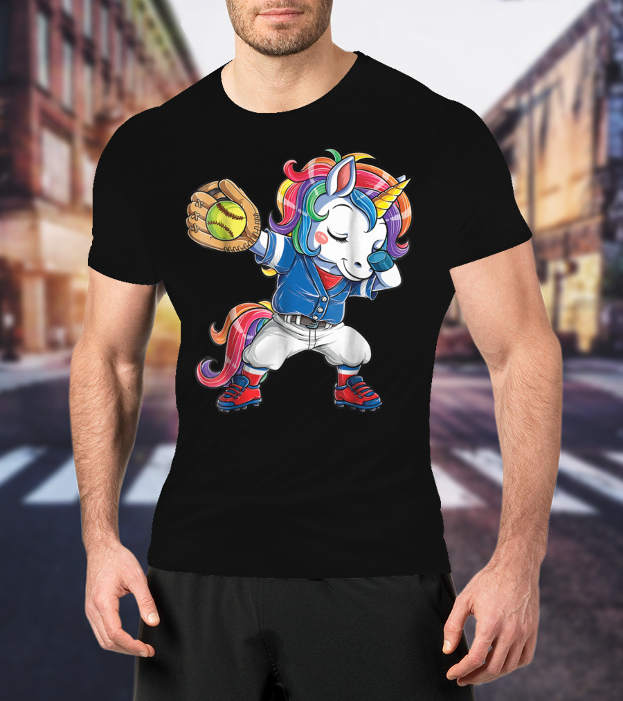 Dabbing Rainbow Unicorn In Softball Uniform Girls Dab T-Shirt