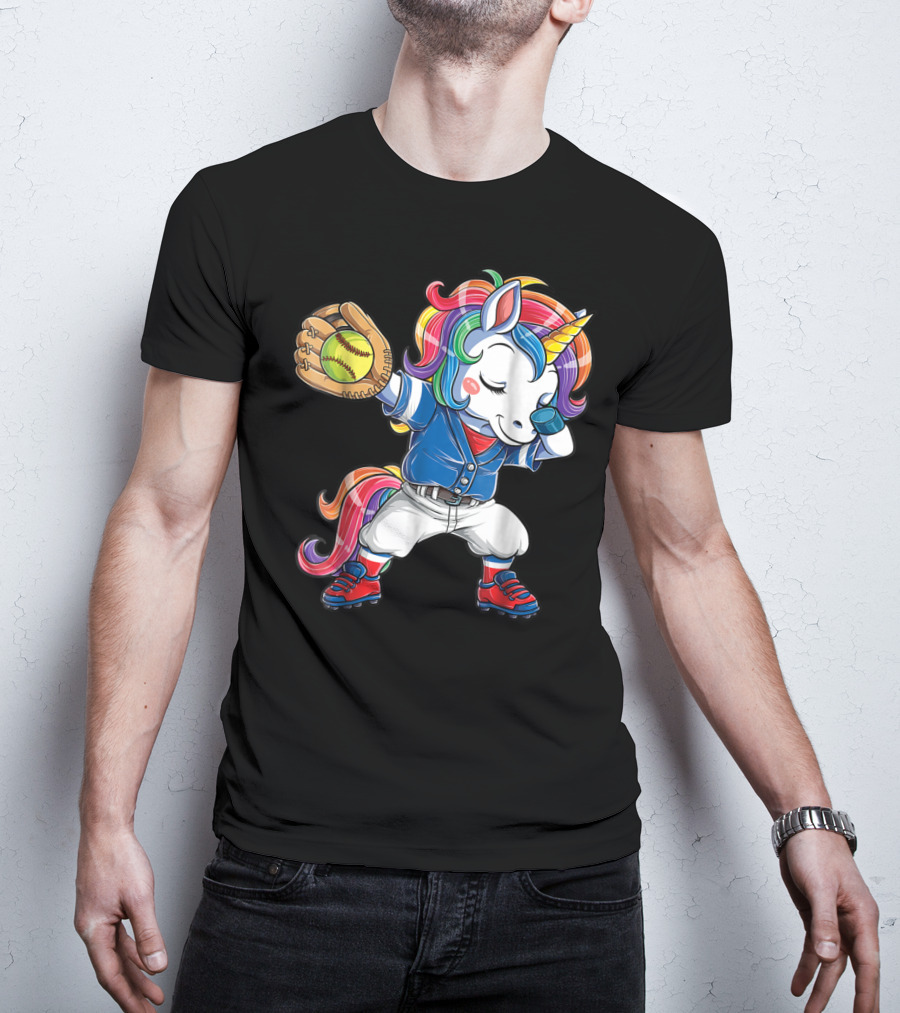 Dabbing Rainbow Unicorn In Softball Uniform Girls Dab T-Shirt