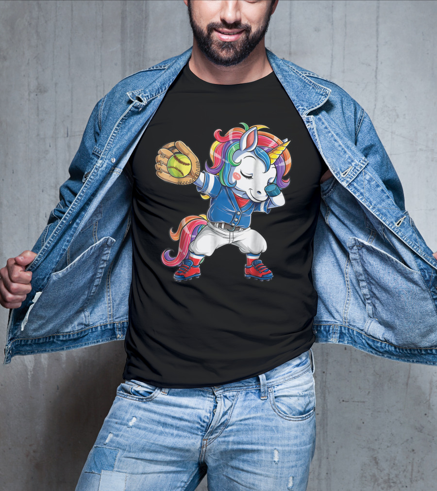 Dabbing Rainbow Unicorn In Softball Uniform Girls Dab T-Shirt