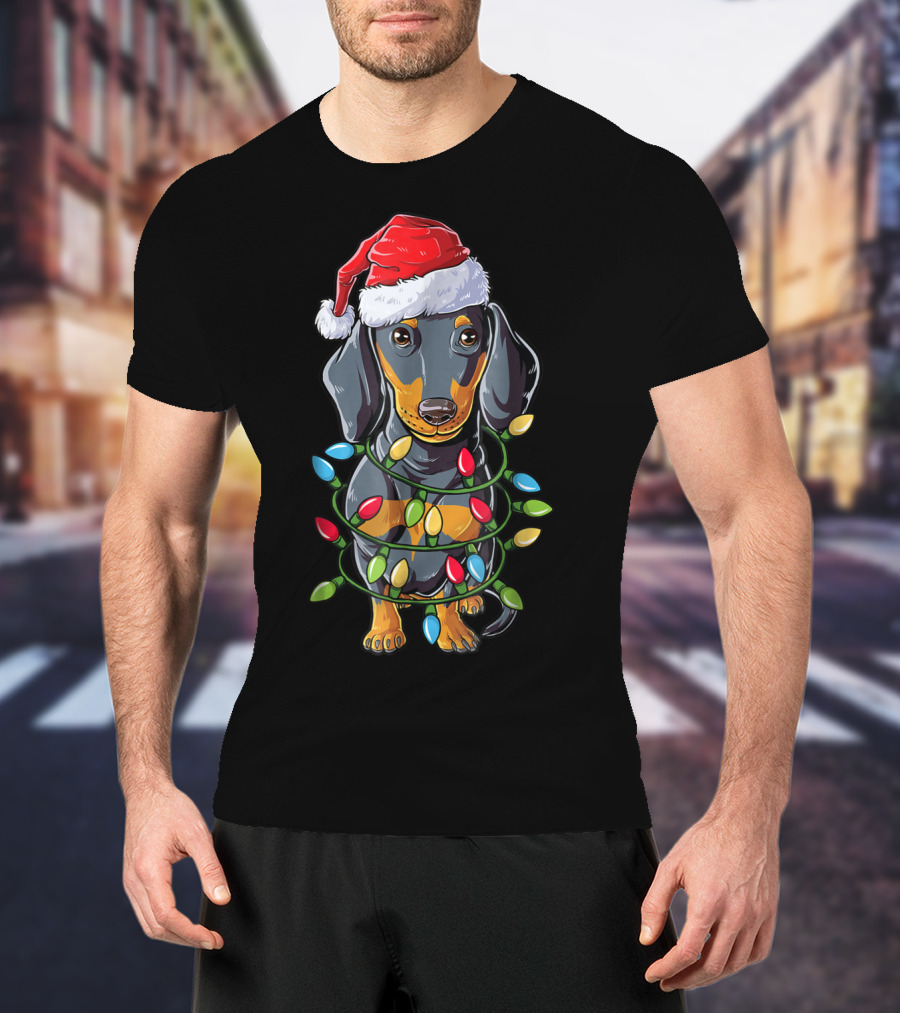 Dachshund Dog In Santa Hat With Christmas Tree Lights T-Shirt
