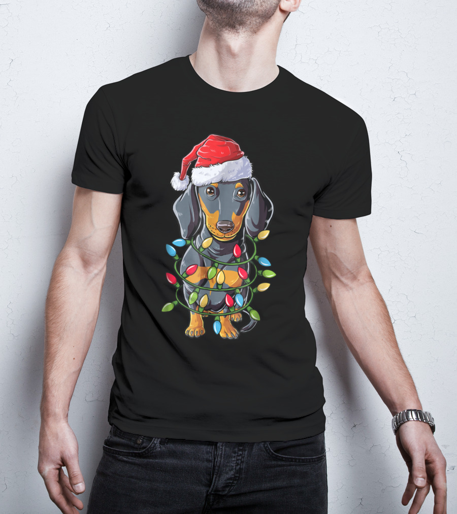 Dachshund Dog In Santa Hat With Christmas Tree Lights T-Shirt