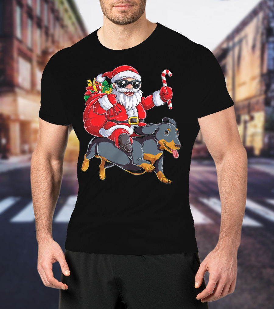 Santa Claus Riding Dachshund With Candy Cane And Presents T-Shirt