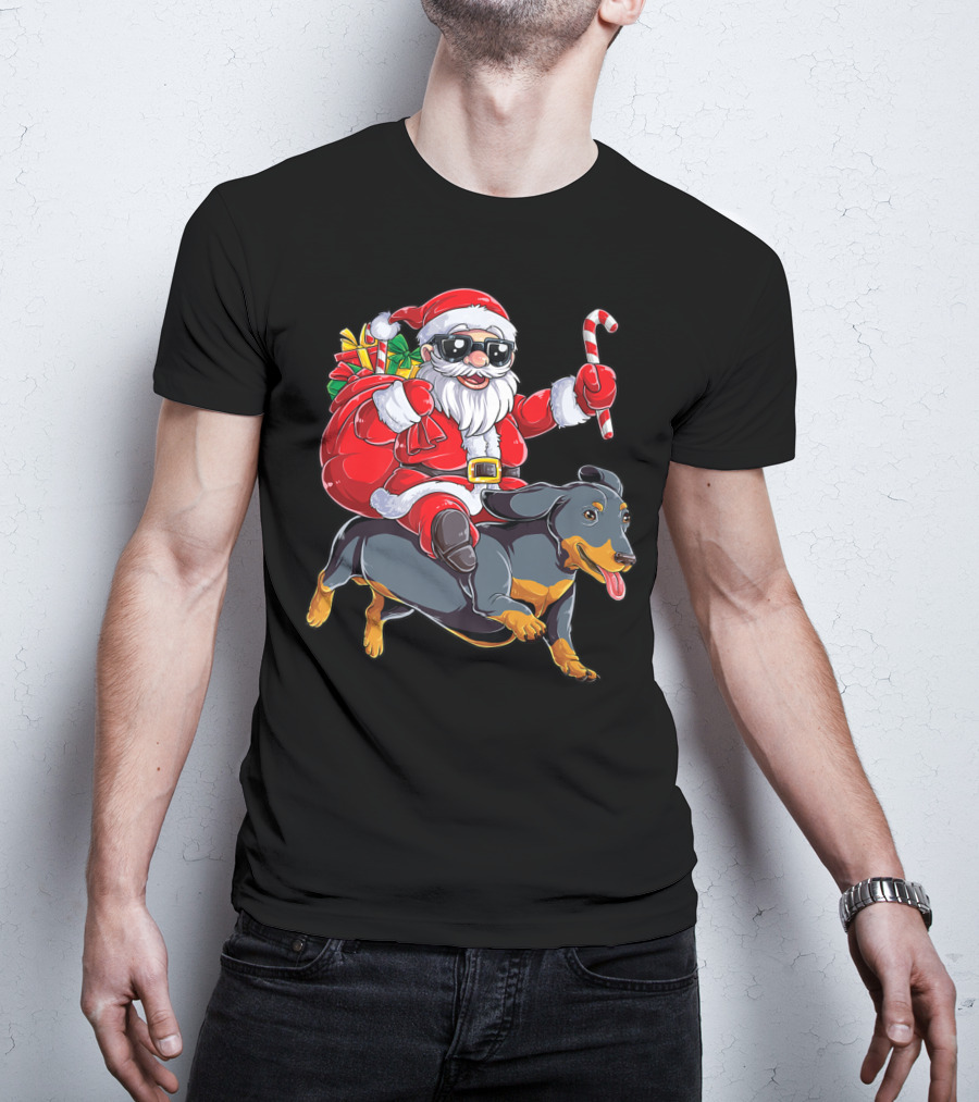 Santa Claus Riding Dachshund With Candy Cane And Presents T-Shirt