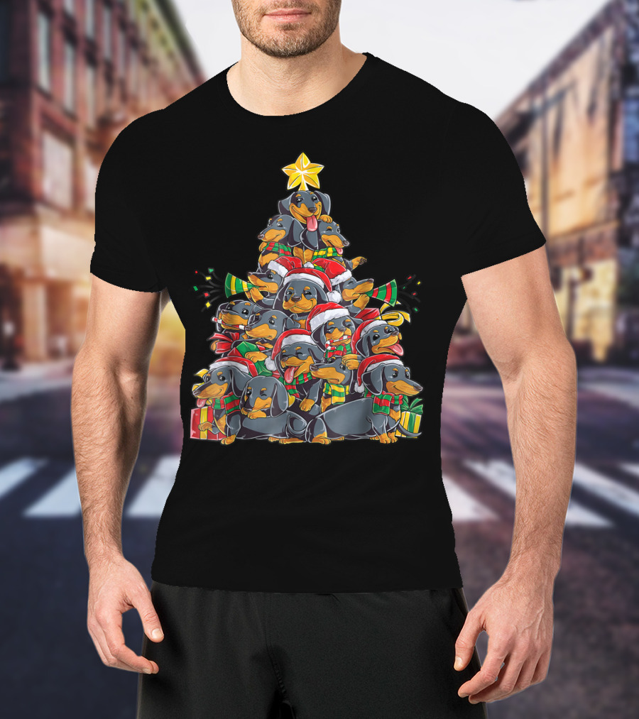 Dachshund Xmas Tree With Santa Hats And Gifts T-Shirt
