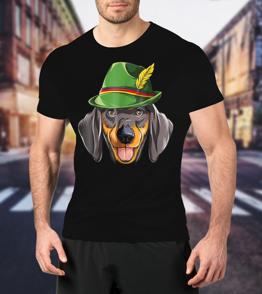 Dachshund Oktoberfest Kids Boys Lederhosen Dog In Green Hat With Feather T-Shirt