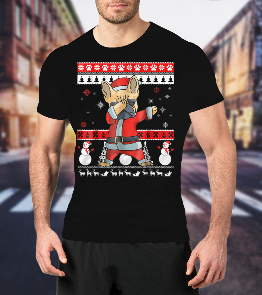 Dabbing French Bulldog Christmas Santa Ugly Sweater Snowflakes Snowmen T-Shirt
