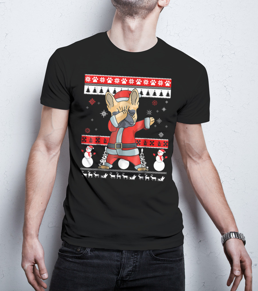Dabbing French Bulldog Christmas Santa Ugly Sweater Snowflakes Snowmen T-Shirt