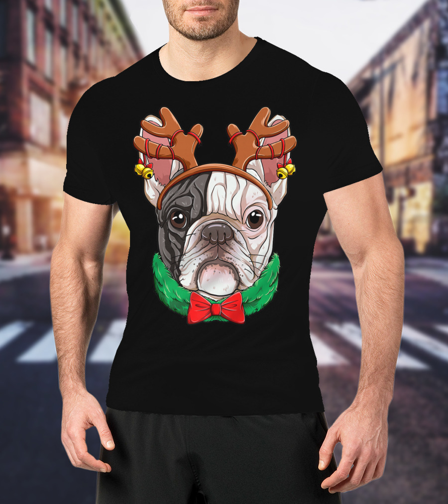 French Bulldog With Christmas Reindeer Antlers And Bow Tie T-Shirt