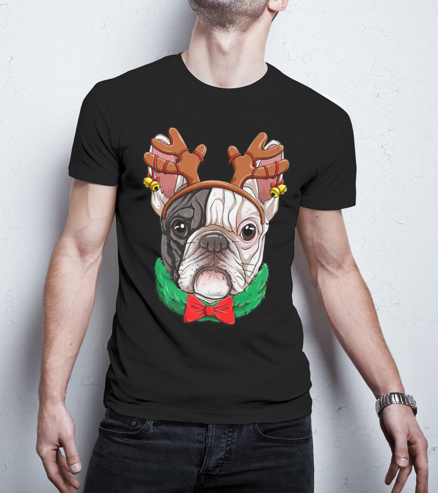 French Bulldog With Christmas Reindeer Antlers And Bow Tie T-Shirt