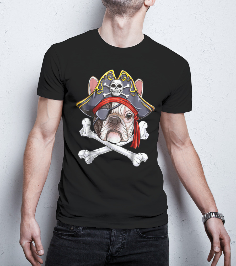French Bulldog Pirate Jolly Roger Crossbones Skull Eyepatch T-Shirt