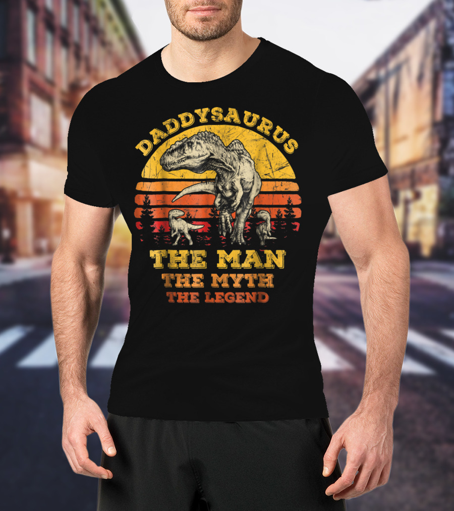 Daddysaurus The Man The Myth The Legend Dinosaur Silhouette Retro Sunset T-Shirt
