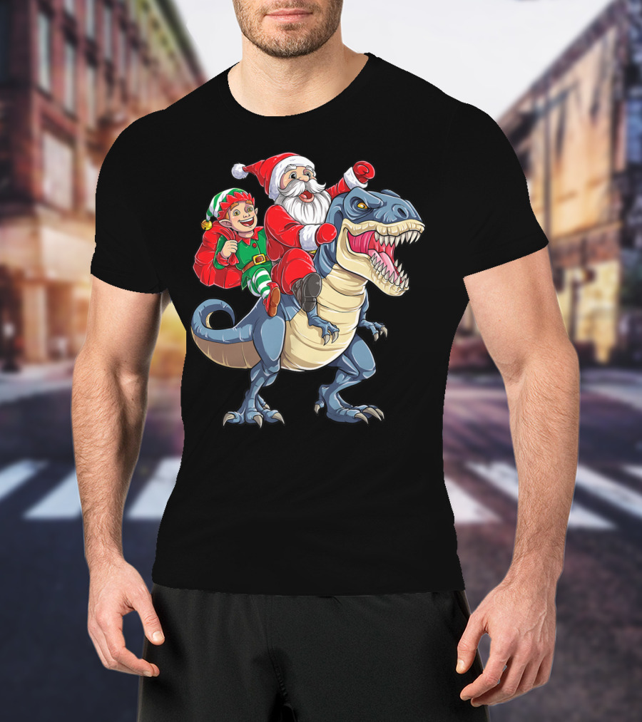 Dinosaur Christmas Boys Santa Elf Riding T-Rex Kids YP T-Shirt
