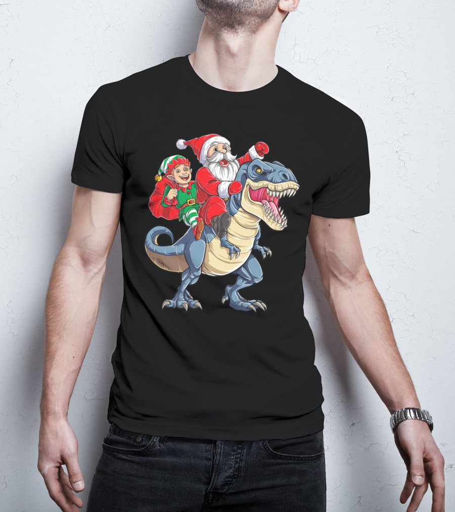 Dinosaur Christmas Boys Santa Elf Riding T-Rex Kids YP T-Shirt
