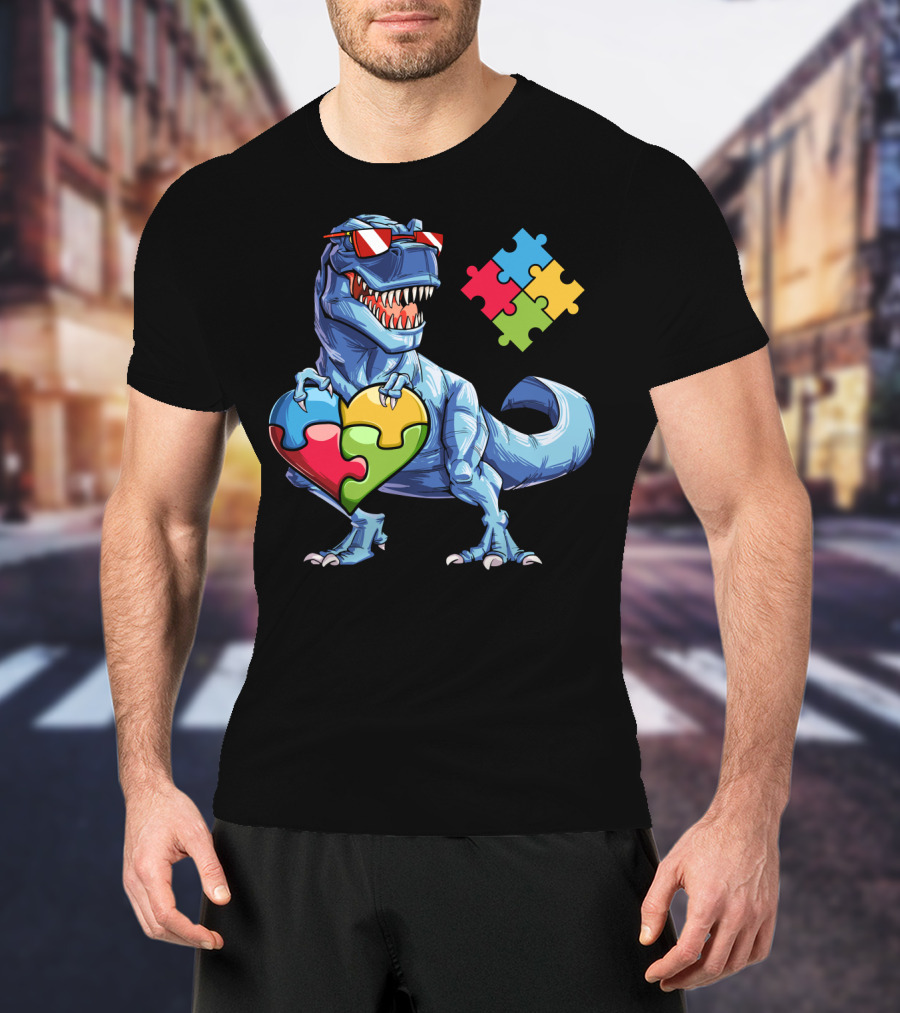 Dinosaur Holding Heart-Shaped Puzzle Pieces Autism Awareness T-Shirt