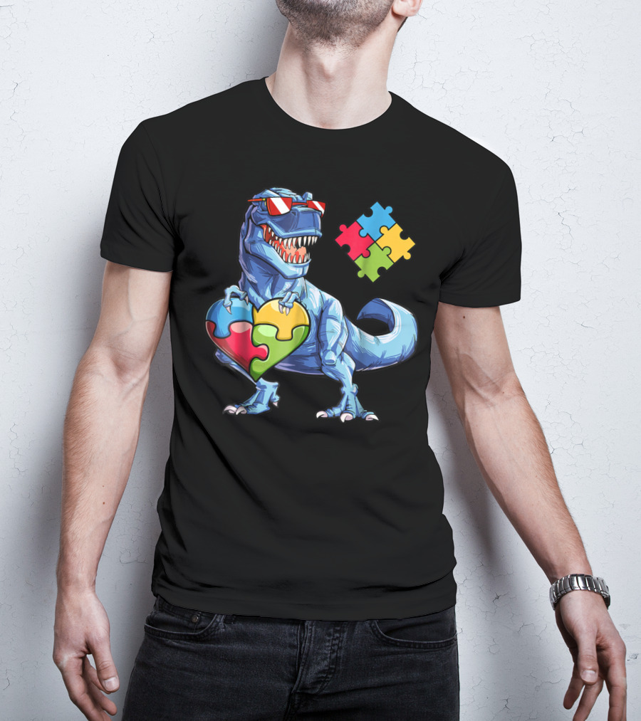 Dinosaur With Puzzle Pieces Heart Autism Awareness T-Shirt