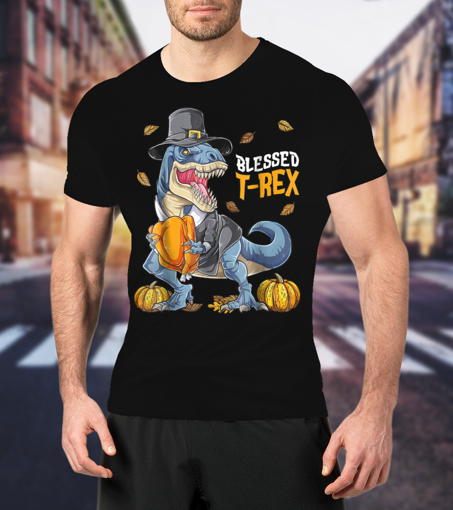Blessed T-Rex Thanksgiving Pilgrim Dinosaur With Pumpkins T-Shirt