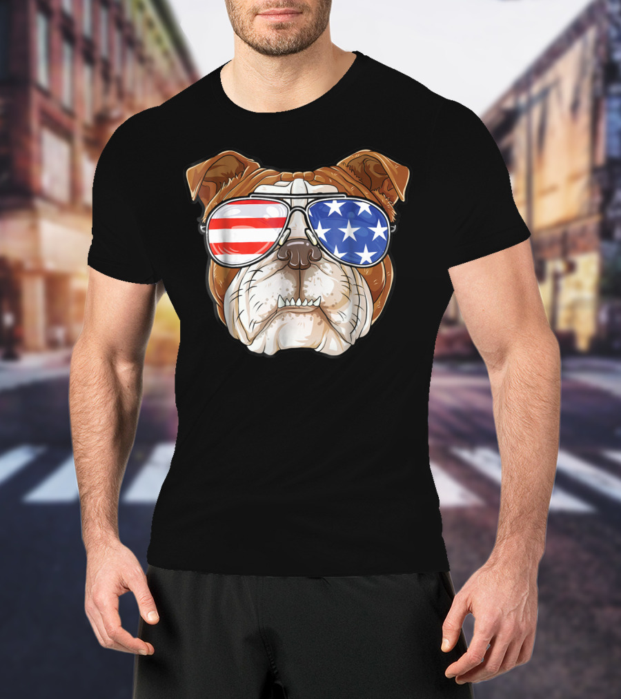 English Bulldog Wearing American Flag Sunglasses T-Shirt