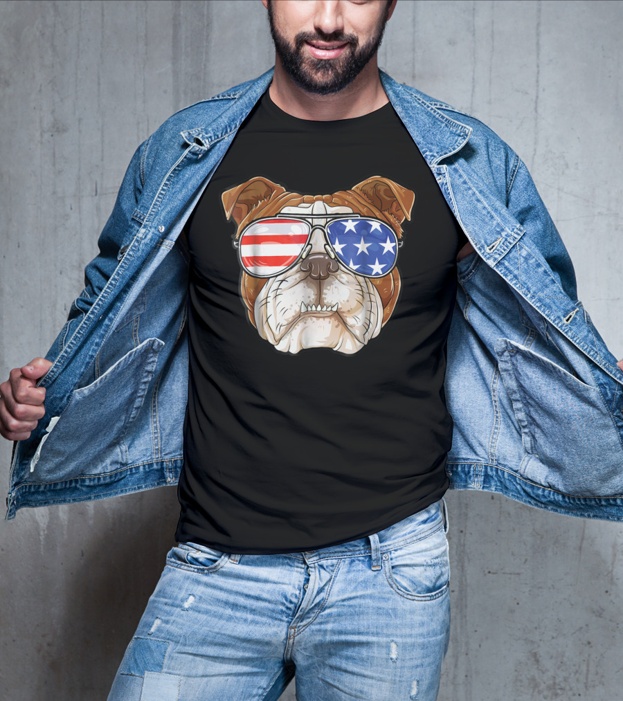 English Bulldog Wearing American Flag Sunglasses T-Shirt