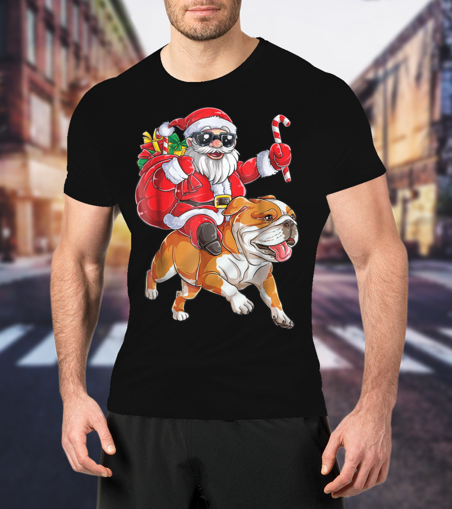 English Bulldog Santa Claus Riding With Candy Cane And Gifts Christmas Woofmas T-Shirt