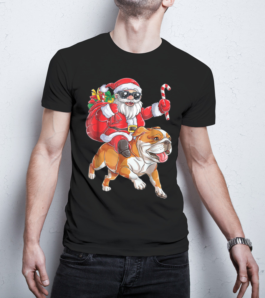 English Bulldog Santa Claus Riding With Candy Cane And Gifts Christmas Woofmas T-Shirt