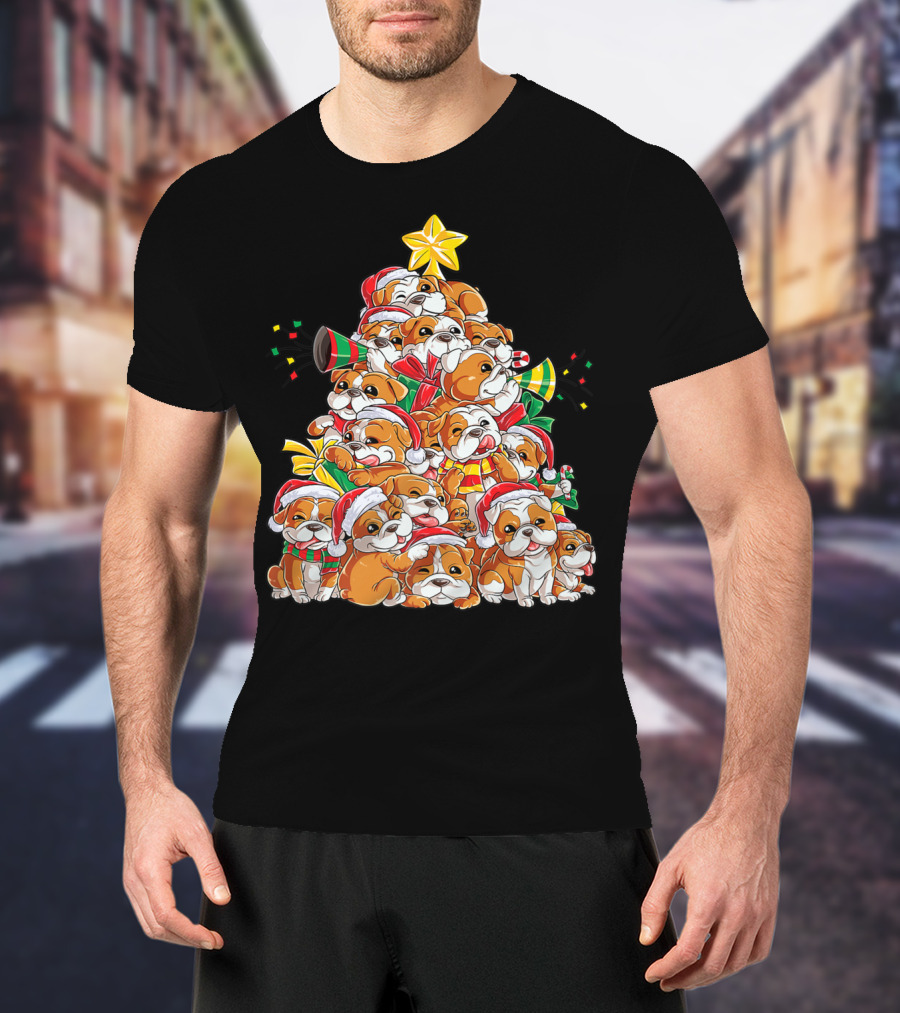 English Bulldog Xmas Tree Boys With Santa Hats And Christmas Cheer T-Shirt