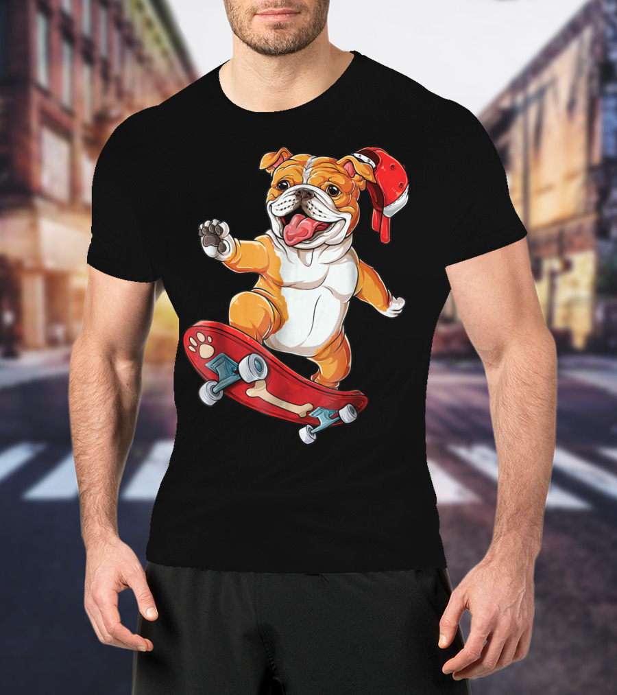 English Bulldog With Red Cap Skating On Bone Deck Skateboard T-Shirt
