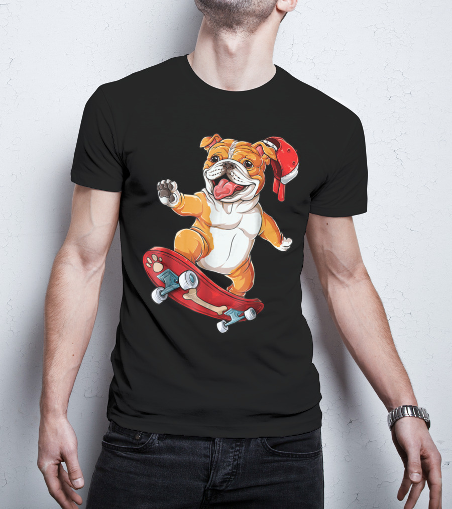 English Bulldog With Red Cap Skating On Bone Deck Skateboard T-Shirt